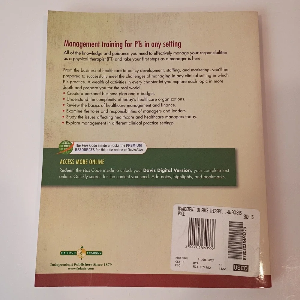Management In Physical Therapy Practices by Catherine G. Page - Code Included